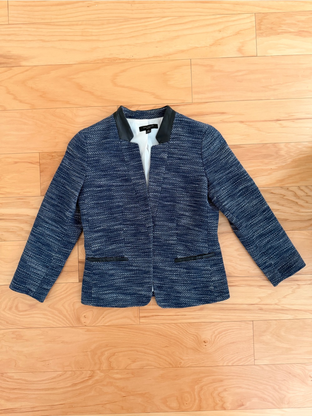 Ann Taylor Blue Textured Open-Front Jacket with Black Faux Leather Trim